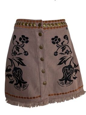 Z&L Made With Love Taupe Embroidered Studded Fringe Mini Shirt Size Medium